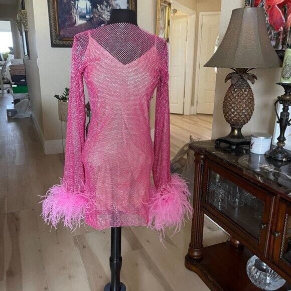 Santa Brands for FWRD Feathers Mini Dress Pink Rhinestones - Picture 5 of 7